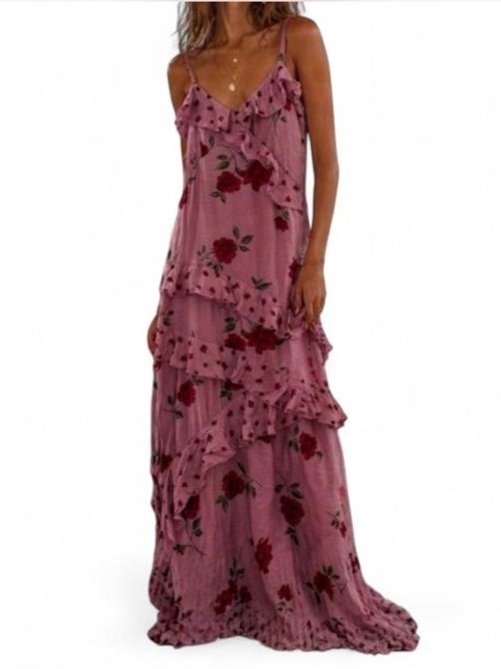 Jessica Simpson Pink Maxi Dress Red Floral Print Romantic Tiered Sz Med Coquette